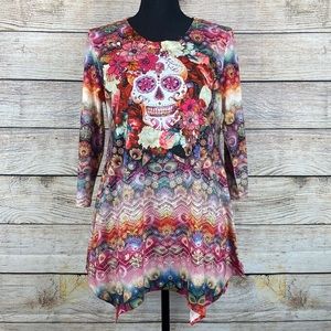 Pink Multicolor Bedazzle Sugar Skull Top